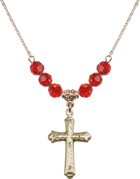 14kt Gold Filled Cross Birthstone Necklace with Ruby Beads - 6007