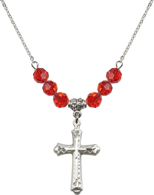 Sterling Silver Cross Birthstone Necklace with Ruby Beads - 6007