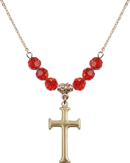 14kt Gold Filled Cross Birthstone Necklace with Ruby Beads - 6008