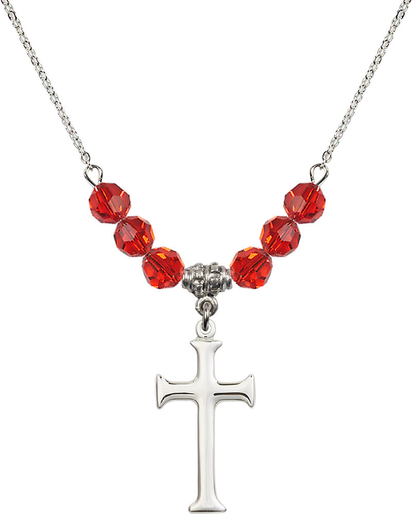 Sterling Silver Cross Birthstone Necklace with Ruby Beads - 6008