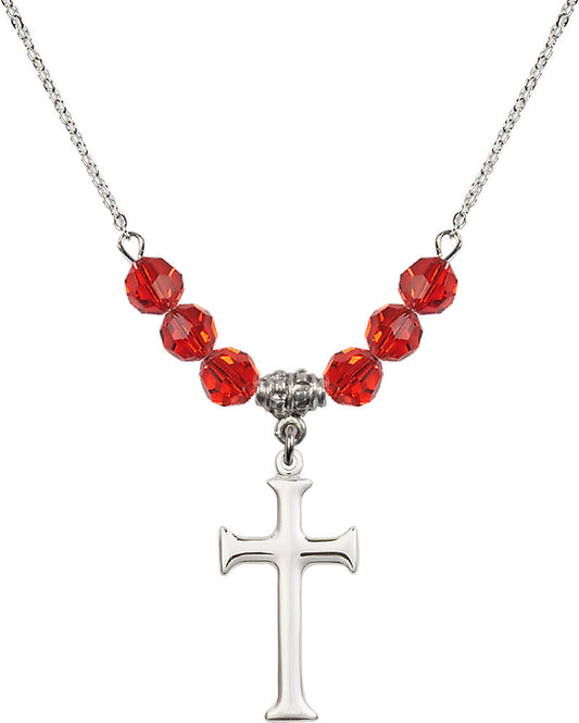 Sterling Silver Cross Birthstone Necklace with Ruby Beads - 6008
