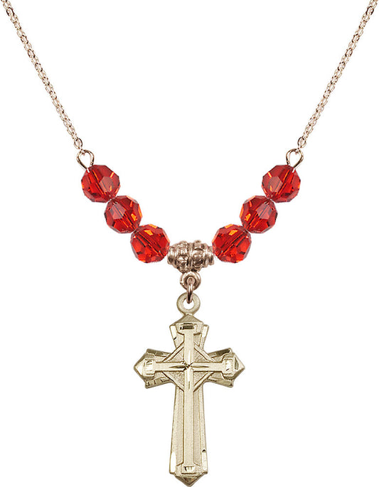 14kt Gold Filled Cross Birthstone Necklace with Ruby Beads - 6012