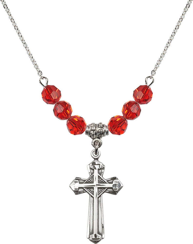 Sterling Silver Cross Birthstone Necklace with Ruby Beads - 6012