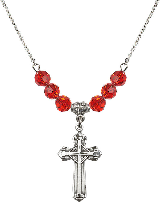 Sterling Silver Cross Birthstone Necklace with Ruby Beads - 6012