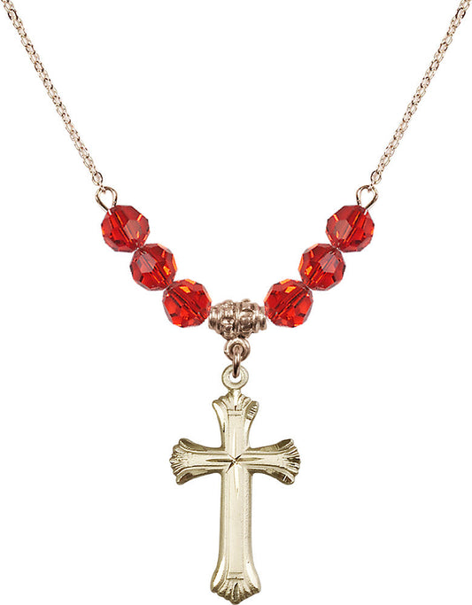 14kt Gold Filled Cross Birthstone Necklace with Ruby Beads - 6013