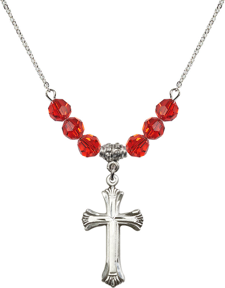 Sterling Silver Cross Birthstone Necklace with Ruby Beads - 6013