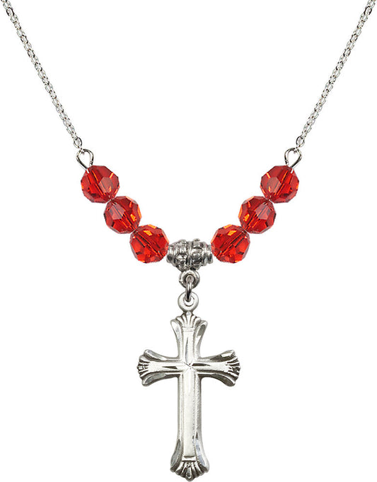 Sterling Silver Cross Birthstone Necklace with Ruby Beads - 6013