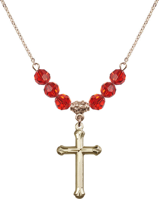 14kt Gold Filled Cross Birthstone Necklace with Ruby Beads - 6022