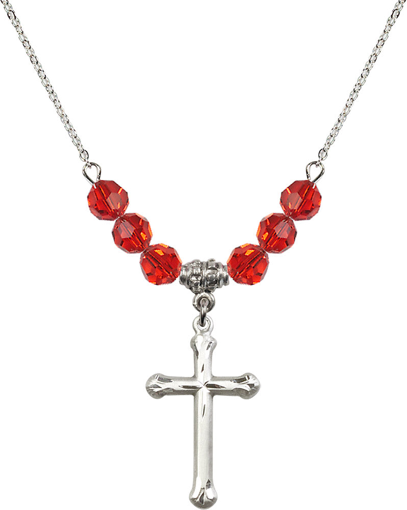 Sterling Silver Cross Birthstone Necklace with Ruby Beads - 6022