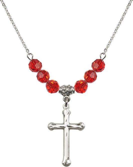 Sterling Silver Cross Birthstone Necklace with Ruby Beads - 6022