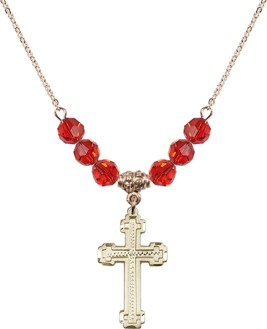 14kt Gold Filled Cross Birthstone Necklace with Ruby Beads - 6039