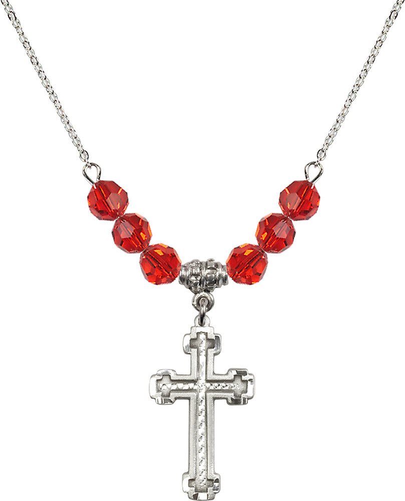 Sterling Silver Cross Birthstone Necklace with Ruby Beads - 6039
