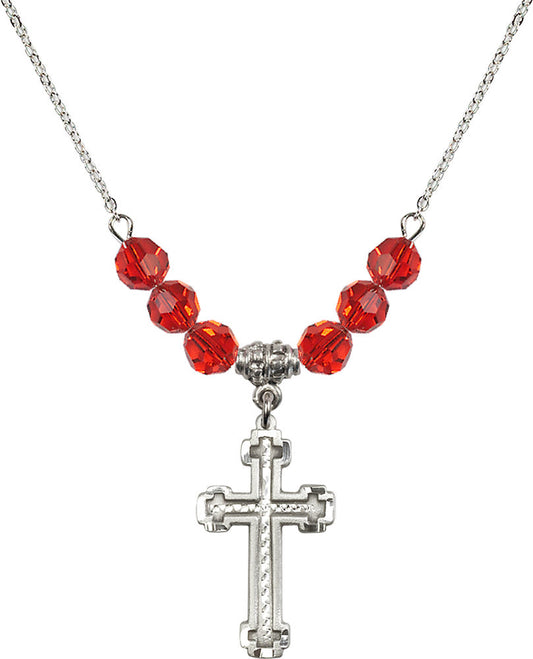 Sterling Silver Cross Birthstone Necklace with Ruby Beads - 6039