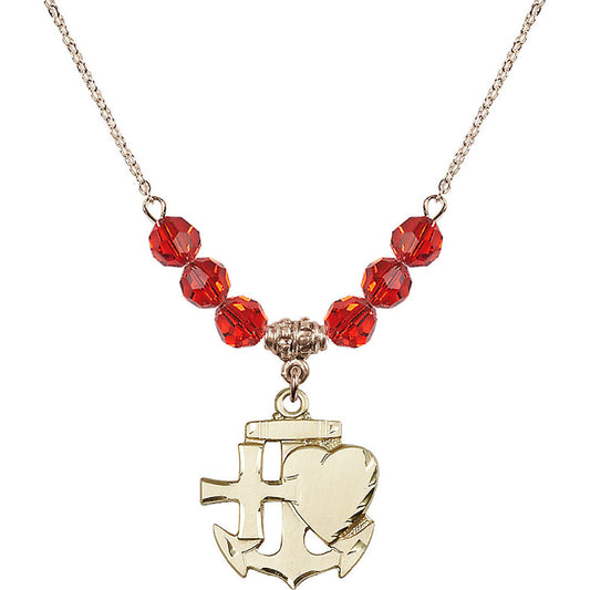 14kt Gold Filled Faith, Hope & Charity Birthstone Necklace with Ruby Beads - 6045
