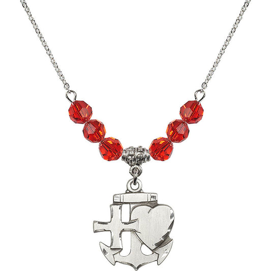 Sterling Silver Faith, Hope & Charity Birthstone Necklace with Ruby Beads - 6045