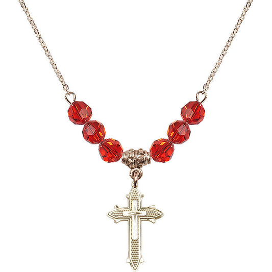 14kt Gold Filled Cross on Cross Birthstone Necklace with Ruby Beads - 6058
