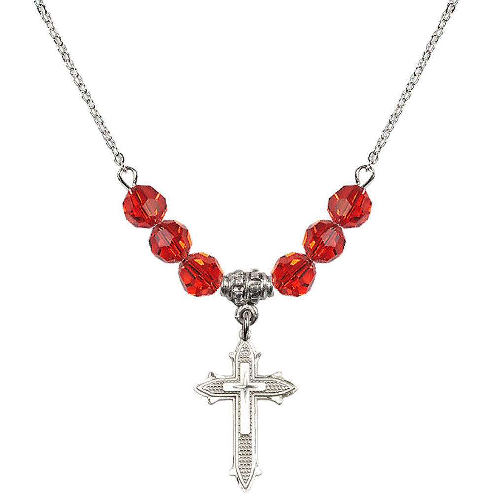 Sterling Silver Cross on Cross Birthstone Necklace with Ruby Beads - 6058