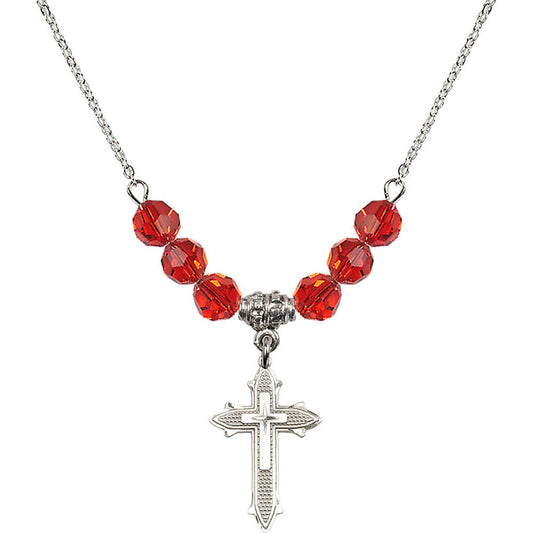 Sterling Silver Cross on Cross Birthstone Necklace with Ruby Beads - 6058