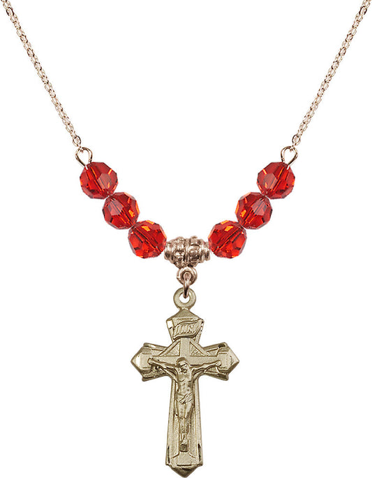 14kt Gold Filled Crucifix Birthstone Necklace with Ruby Beads - 6092
