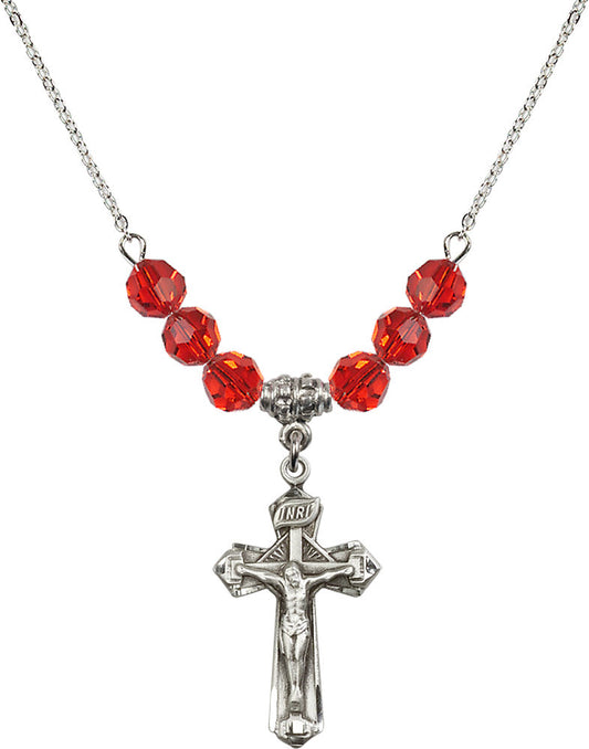 Sterling Silver Crucifix Birthstone Necklace with Ruby Beads - 6092