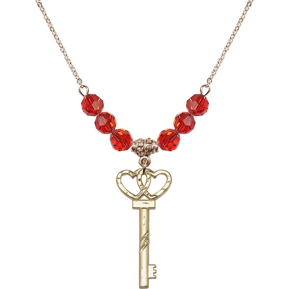 14kt Gold Filled Small Key w/Double Hearts Birthstone Necklace with Ruby Beads - 6213