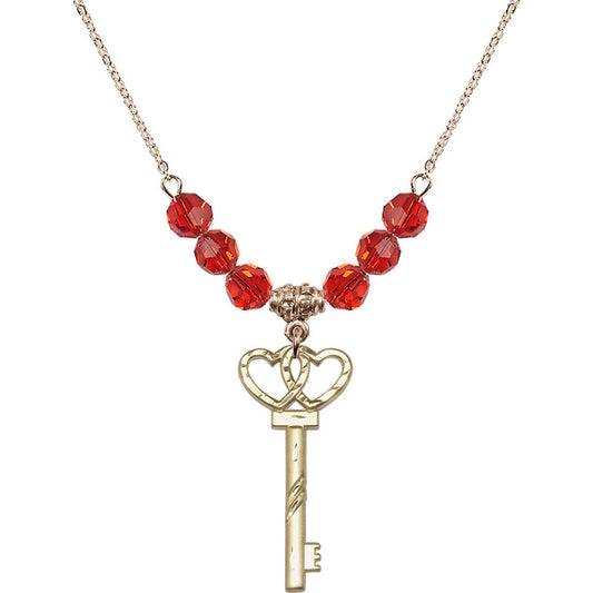 14kt Gold Filled Small Key w/Double Hearts Birthstone Necklace with Ruby Beads - 6213