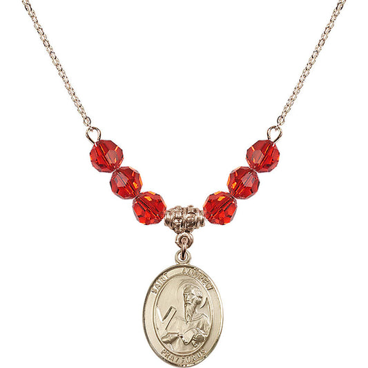 14kt Gold Filled Saint Andrew the Apostle Birthstone Necklace with Ruby Beads - 8000