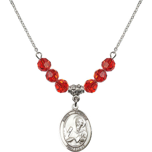 Sterling Silver Saint Andrew the Apostle Birthstone Necklace with Ruby Beads - 8000
