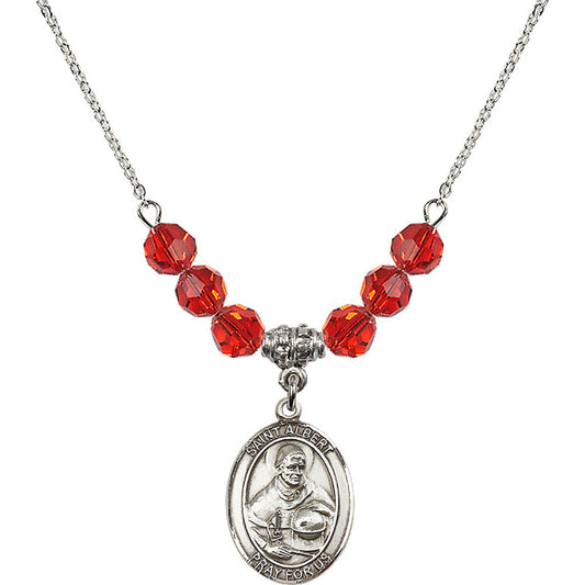 Sterling Silver Saint Albert the Great Birthstone Necklace with Ruby Beads - 8001