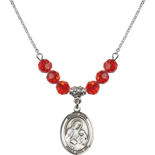 Sterling Silver Saint Ann Birthstone Necklace with Ruby Beads - 8002