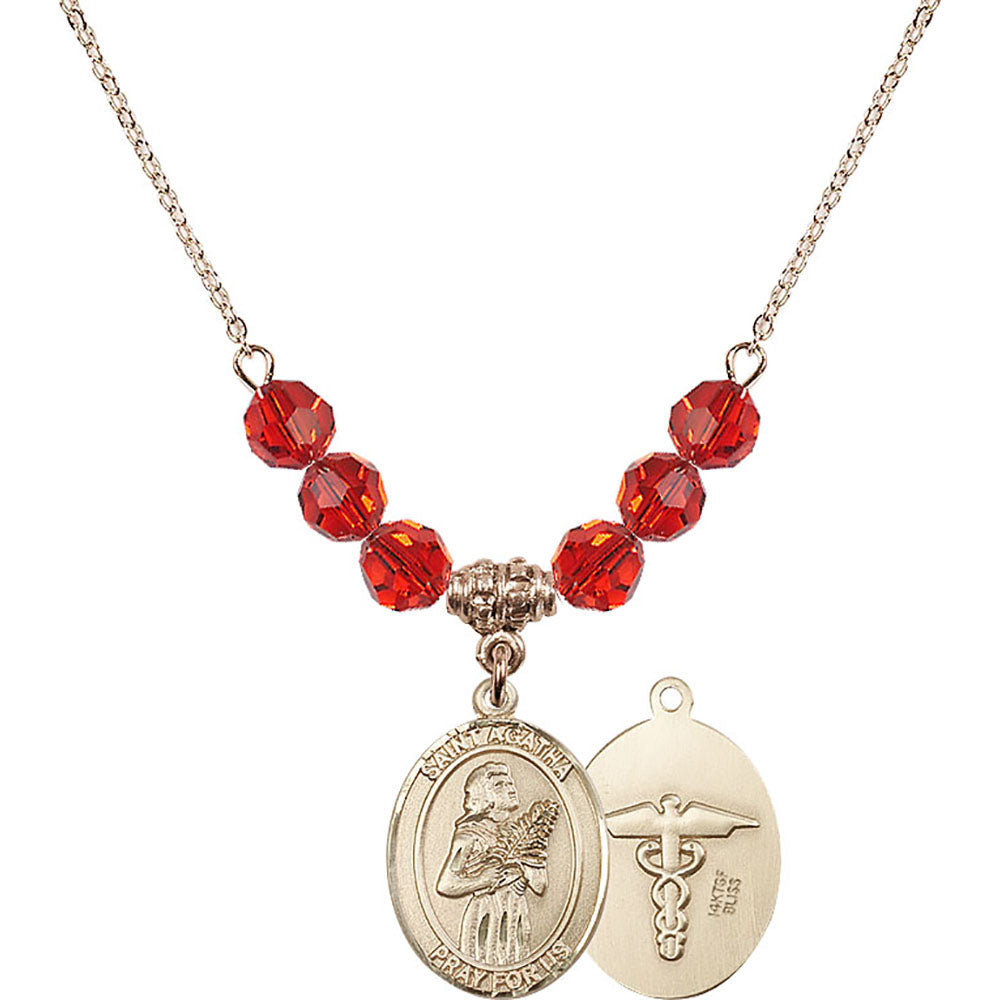 14kt Gold Filled Saint Agatha / Nurse Birthstone Necklace with Ruby Beads - 8003