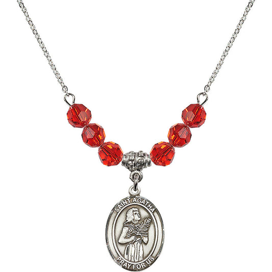 Sterling Silver Saint Agatha Birthstone Necklace with Ruby Beads - 8003