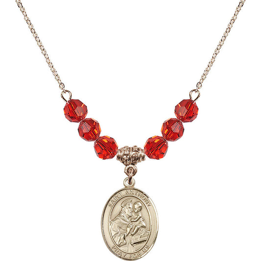14kt Gold Filled Saint Anthony of Padua Birthstone Necklace with Ruby Beads - 8004