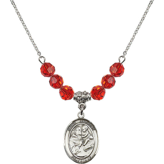 Sterling Silver Saint Anthony of Padua Birthstone Necklace with Ruby Beads - 8004
