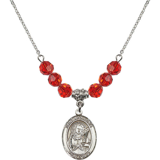 Sterling Silver Saint Apollonia Birthstone Necklace with Ruby Beads - 8005