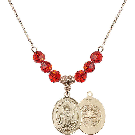 14kt Gold Filled Saint Benedict Birthstone Necklace with Ruby Beads - 8008