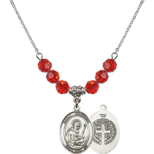 Sterling Silver Saint Benedict Birthstone Necklace with Ruby Beads - 8008