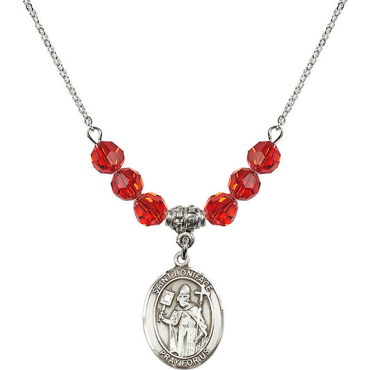 Sterling Silver Saint Boniface Birthstone Necklace with Ruby Beads - 8009