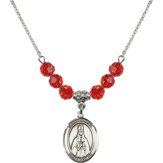Sterling Silver Saint Blaise Birthstone Necklace with Ruby Beads - 8010