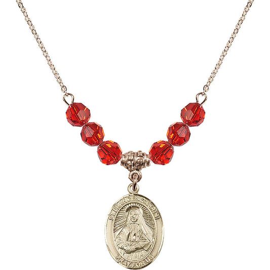 14kt Gold Filled Saint Frances Cabrini Birthstone Necklace with Ruby Beads - 8011
