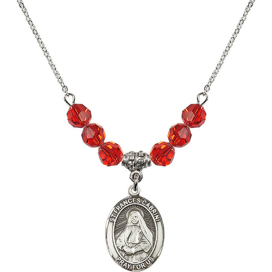 Sterling Silver Saint Frances Cabrini Birthstone Necklace with Ruby Beads - 8011