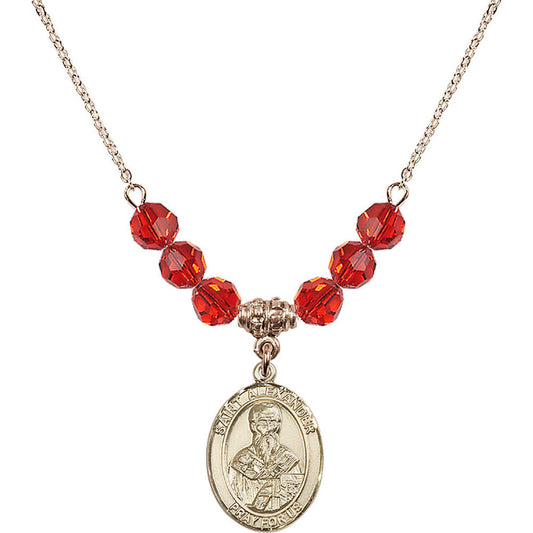 14kt Gold Filled Saint Alexander Sauli Birthstone Necklace with Ruby Beads - 8012