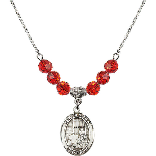 Sterling Silver Saint Benjamin Birthstone Necklace with Ruby Beads - 8013