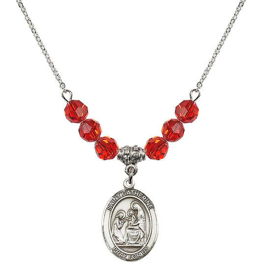 Sterling Silver Saint Catherine of Siena Birthstone Necklace with Ruby Beads - 8014
