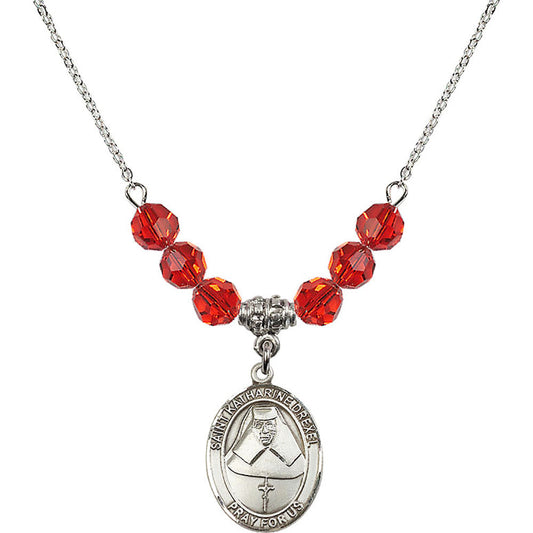 Sterling Silver Saint Katharine Drexel Birthstone Necklace with Ruby Beads - 8015