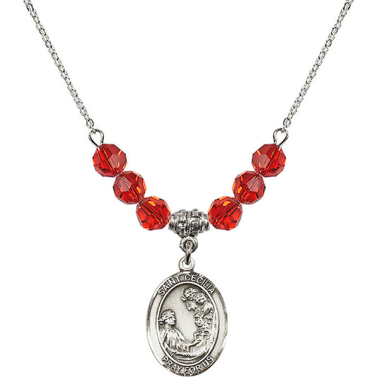 Sterling Silver Saint Cecilia Birthstone Necklace with Ruby Beads - 8016