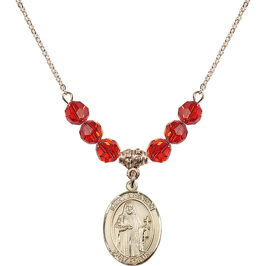 14kt Gold Filled Saint Brendan the Navigator Birthstone Necklace with Ruby Beads - 8018