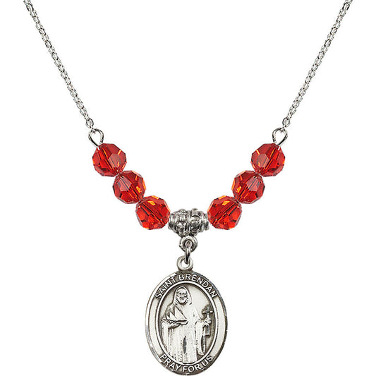 Sterling Silver Saint Brendan the Navigator Birthstone Necklace with Ruby Beads - 8018
