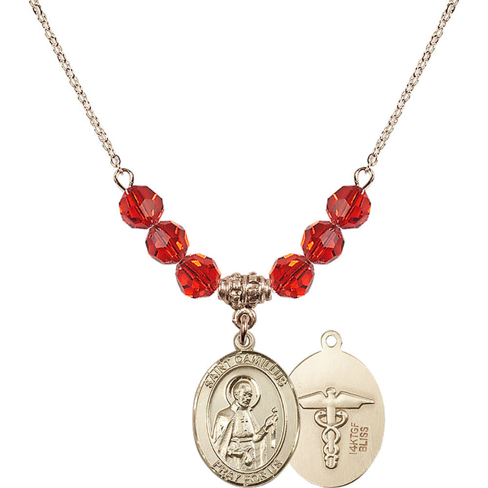 14kt Gold Filled Saint Camillus of Lellis / Nurse Birthstone Necklace with Ruby Beads - 8019