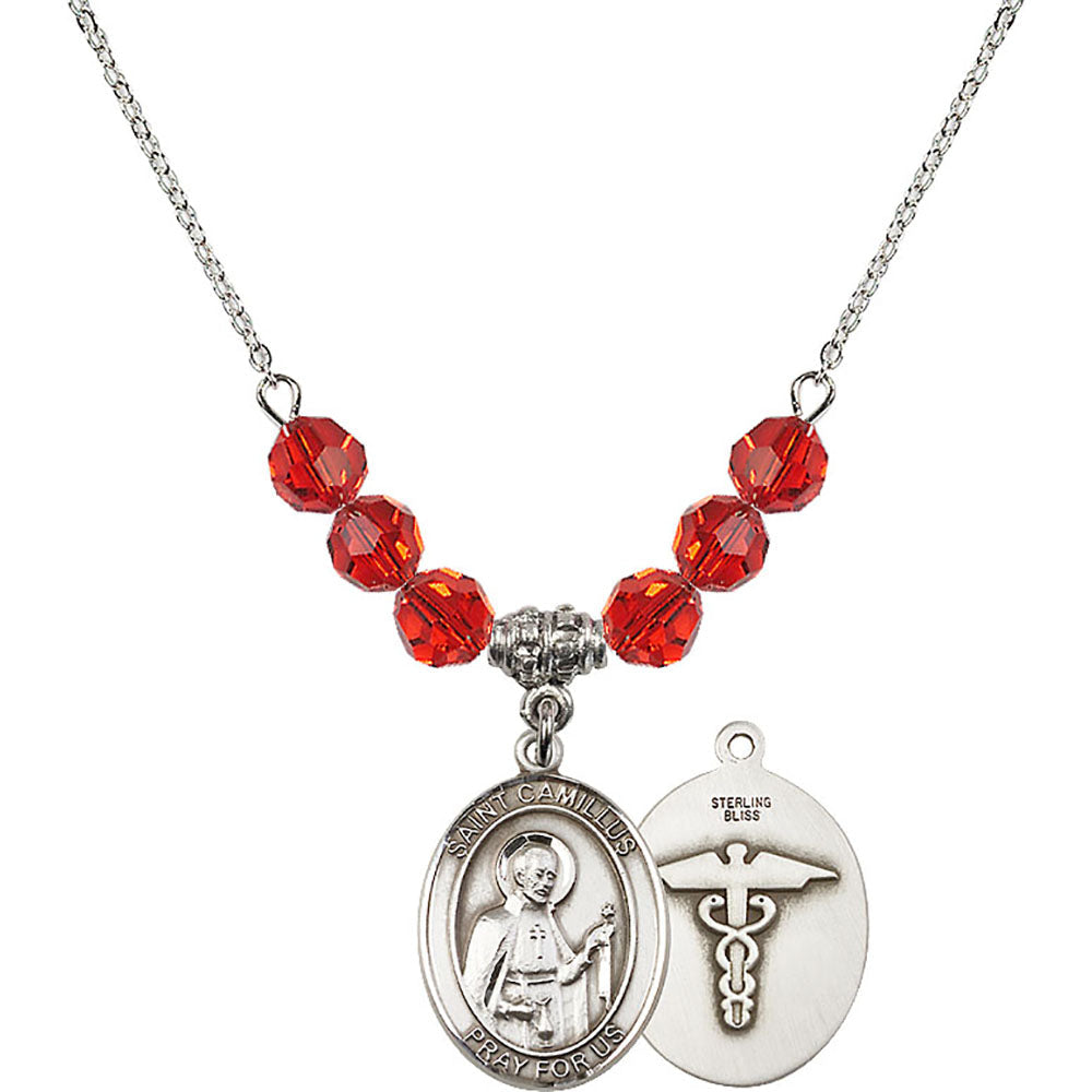 Sterling Silver Saint Camillus of Lellis / Nurse Birthstone Necklace with Ruby Beads - 8019